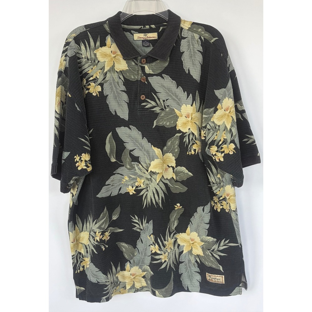 Tommy‎ Bahama Mens XL Silk Cotton Tropical Floral Ribbed Polo Shirt Black Green